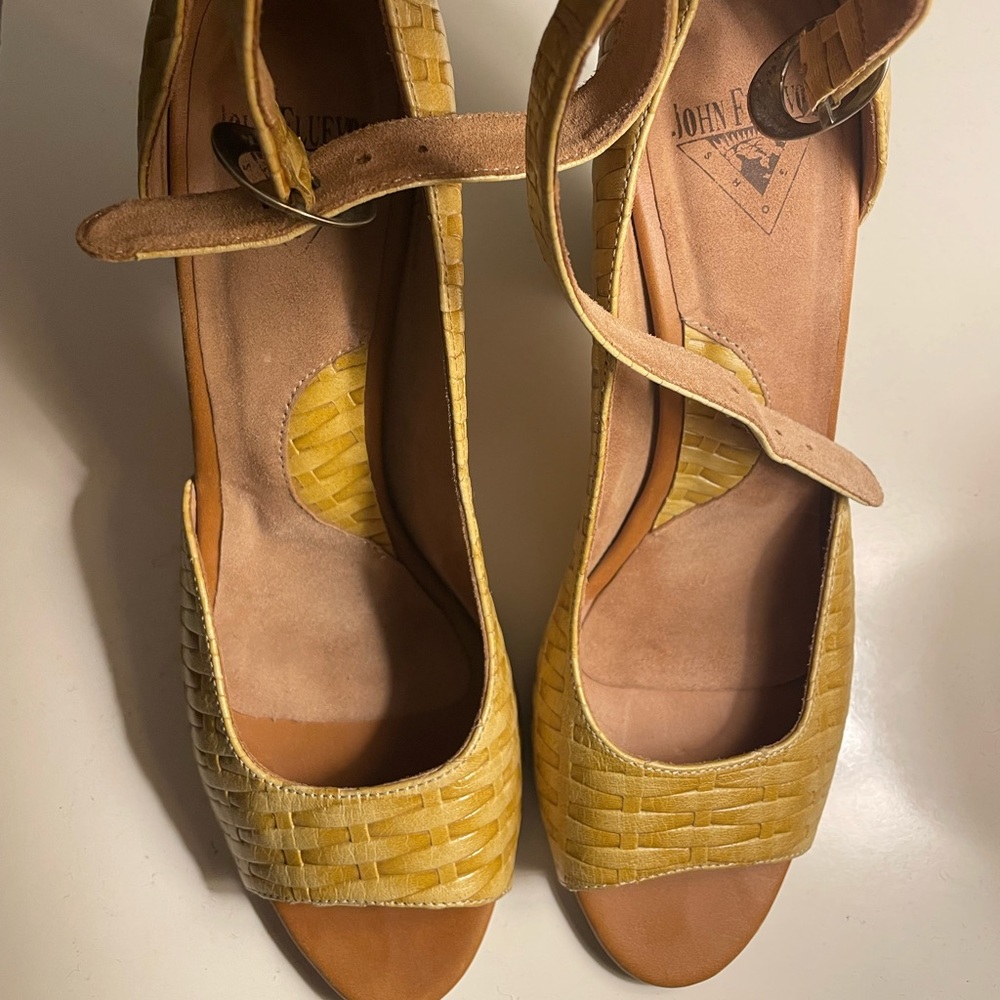 John Fleuvog open toe basket weave heels